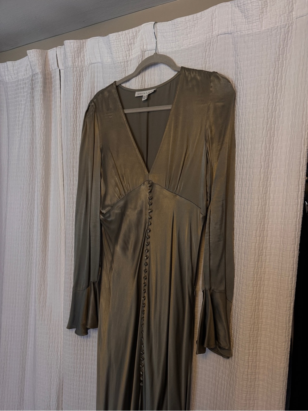Shona Joy Olive Satin V-Neck Maxi Dress with Covered Buttons